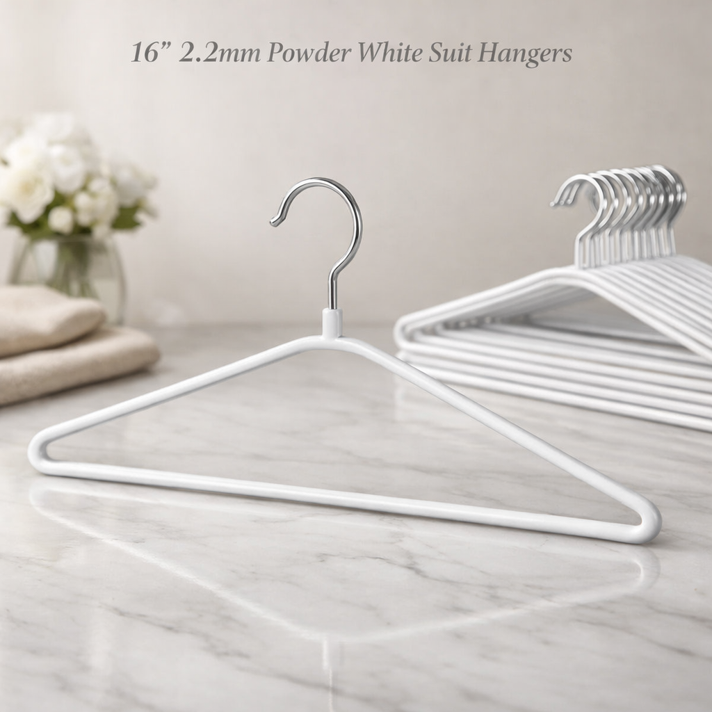 16″ 2.2mm powder white coated straight suit hanger 500pcs / ctn 16″ 2.2mm powder white coated straight suit hanger 500pcs / ctn